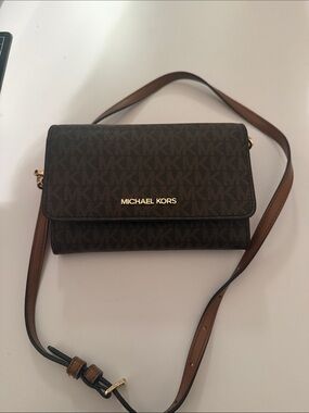 Michael Kors Brown Logo-Print Crossbody with Gold Hardware